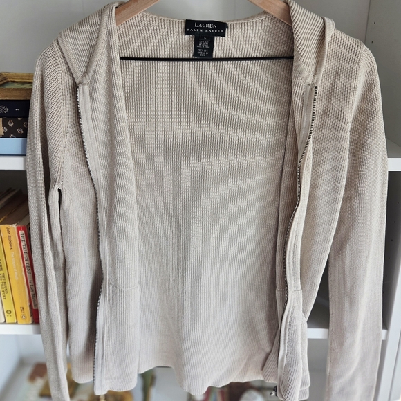 Lauren Ralph Lauren: Silk Blend Knit Zip Up Hoodie Sweater Beige: Size L - Picture 3 of 5